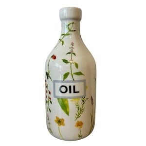 Orly Maison Ceramic Floral Oil Cruet Bottle Crackle Glaze White Botanical 7.5"